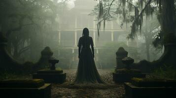 Eerie haunting ghostly female figure walking in front of a foggy Southern Plantation antebellum mansion on Halloween night - generative AI. photo