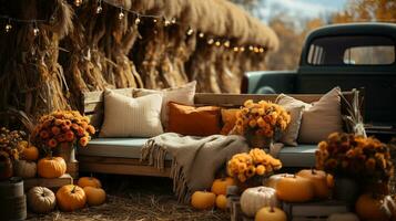 Vintage truck bed filled with fall themed decorations and pillows - generative AI. photo