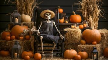 Decorated Halloween porch with pumpkins, hay bails and eerie skeleton - generative AI. photo