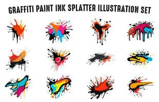 Set of Graffiti ink Splatter vector, Colorful Paint ink Splatter Vector Clipart bundle,  paint drip drop splash element, Ink blots set, Collection of graffiti ink shape vector