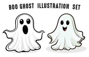 Cute happy ghost flat illustration free, Halloween Boo vector set