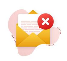 Opened envelope and document with red cross mark. Verification email. Vector stock illustration