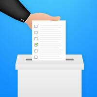 Hand puts vote bulletin into vote box. Voting concept. Ballot box. Vector stock illustration