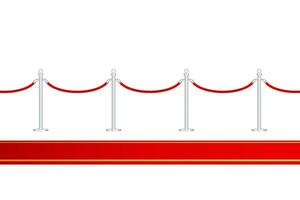 Red carpet with red ropes on golden stanchions. Exclusive event, movie premiere, gala, ceremony, awards concept. Vector stock illustration.