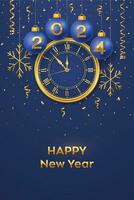 Happy New Year 2024. Hanging Blue Christmas bauble balls with realistic gold 3d numbers 2024 and snowflakes. Watch with Roman numeral and countdown midnight, eve for New Year. Merry Christmas. Vector. vector