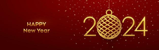 Happy New 2024 Year. Hanging Golden metallic numbers 2024 with shining 3D gold ball bauble and confetti on red background. New Year greeting card, banner, header template. Vector illustration.