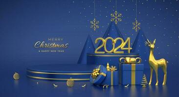 Christmas Scene and 3D round platforms on blue background. 3D Golden numbers 2024. Blank Pedestal with deer, shining snowflakes, balls, gift boxes, gold metallic cone shape pine, spruce trees. Vector. vector