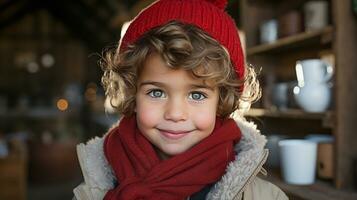 Portrait of a Cute Young Boy Dressed Warm for the Christmas Holiday. Generative AI. photo