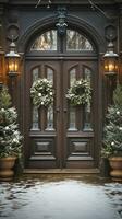 Beautiful Christmas decorated front door and porch of a house on a winter evening. Generative AI. photo