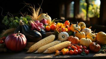 colección de delicioso maduro calabazas, frutas y vegetales en el mesa - generativo ai. foto