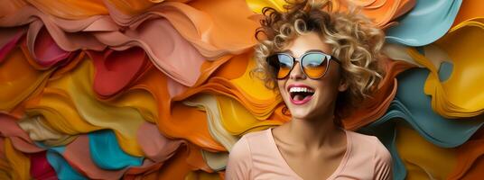 Excited happy and laughing young adult girl wearing sunglasses in front of a colorful background banner - generative AI. photo