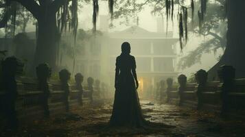 Eerie haunting ghostly female figure walking in front of a foggy Southern Plantation antebellum mansion on Halloween night - generative AI. photo