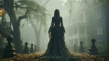 Eerie haunting ghostly female figure walking in front of a foggy Southern Plantation antebellum mansion on Halloween night - generative AI. photo