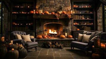 Fall and Halloween decorated cozy fireplace interior setting - generative AI. photo