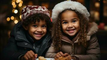 Two Cute African American Children Enjoying Their Christmas Cookies. Generative AI. photo