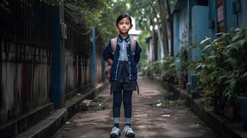 asiático estudiante niña con mochila. concepto de espalda a escuela. ai generado foto