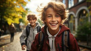 Happy and excited teenaged students walking on the campus of their school - Generative AI. photo