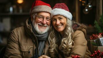 Affectionate Senior Couple Outdoor Portrait Wearing Warm Christmas Holiday Attire. Generative AI. photo