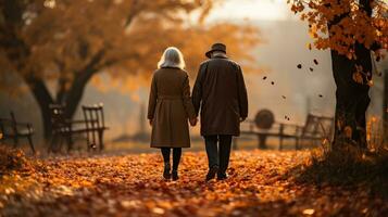 Senior couple holding hands walking through the park on a fall day - Generative AI. photo