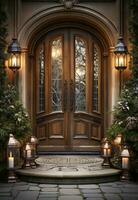 Beautiful Christmas decorated front door and porch of a house on a winter evening. Generative AI. photo