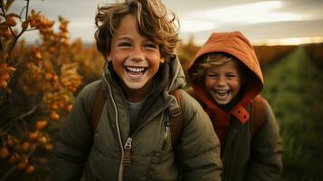 Happy laughing children running in the country fields on a fall day - Generative AI. photo