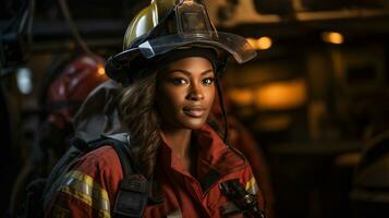 Female African American firefighter wearing protective helmet and gear at a fire incident - generative AI. photo