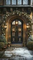 Beautiful Christmas decorated front door and porch of a house on a winter evening. Generative AI. photo