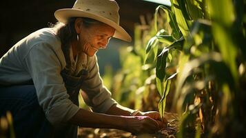 Senior adult woman farmer checking her harvest - Generative AI. photo