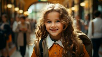 Cute young school girl walking down the hallway of her school - Generative AI. photo