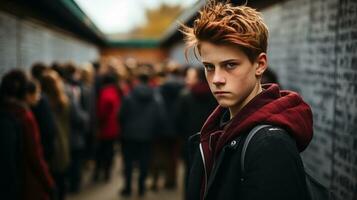 Sinister looking young male student who could be the bully of the school - Generative AI. photo