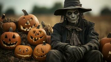 Spooky Halloween skeleton scarecrow figure amidst the carved pumpkins in the field - Generative AI. photo