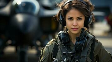 Mixed Race female fighter pilot soldier standing outside her military fighter jet - generative AI. photo