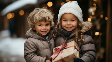 Cute Couple of Children Dressed Warmly Holding a Wrapped Christmas Gift Outdoors. photo