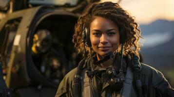 Female African American military helicopter pilot standing near her aircraft - generative AI. photo