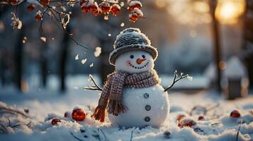 un alegre Navidad monigote de nieve con bufanda y sombrero en un invierno Nevado escena. foto