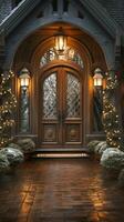 Beautiful Christmas decorated front door and porch of a house on a winter evening. Generative AI. photo