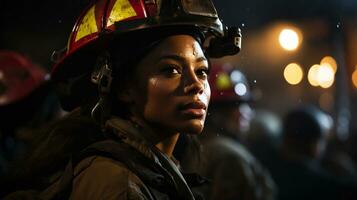 Female African American firefighter wearing protective helmet and gear at a fire incident - generative AI. photo