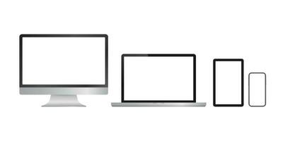 Realistic computer laptop smartphone and tablet. Monitor screen display template. Vector stock illustration