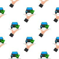 Car insurance contract document over hands pattern. Shield icon. Protection. Vector stock illustration