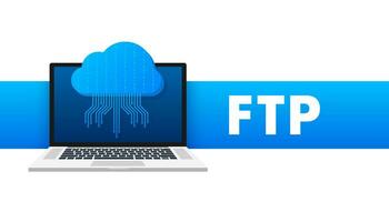 FTP file transfer icon on laptop. FTP technology icon. Transfer data to server. Vector illustration.