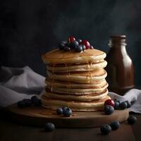 Close-up delicious pancakes, with fresh berries and maple syrup.  Sweet maple syrup flows from a stack of pancake Ai generated photo