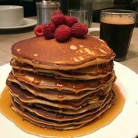 Close-up delicious pancakes, with fresh berries and maple syrup.  Sweet maple syrup flows from a stack of pancake Ai generated photo