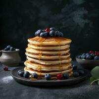 Close-up delicious pancakes, with fresh berries and maple syrup.  Sweet maple syrup flows from a stack of pancake Ai generated photo