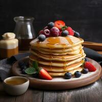 Close-up delicious pancakes, with fresh berries and maple syrup.  Sweet maple syrup flows from a stack of pancake Ai generated photo