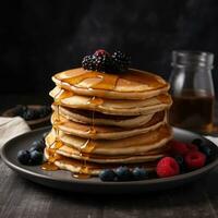 Close-up delicious pancakes, with fresh berries and maple syrup.  Sweet maple syrup flows from a stack of pancake Ai generated photo
