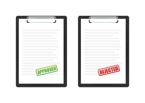 Approved and rejected rubber stamp on document, green and red color. Vector illustration