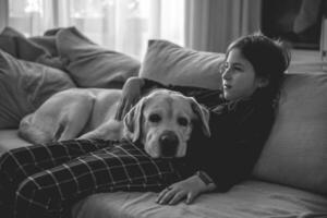 A girl with her Labrador on the couch. friendship, pet photo