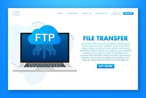 FTP file transfer icon on laptop. FTP technology icon. Transfer data to server. Vector illustration.