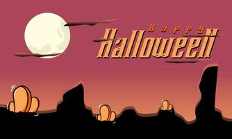 Happy Halloween banner or party invitation background with clouds, bats and pumpkins in paper cut style. Vector illustration. Full moon in orange sky, spider web