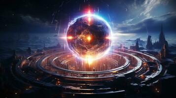 radiant cybernetic cosmos, digital art illustration, Generative AI photo